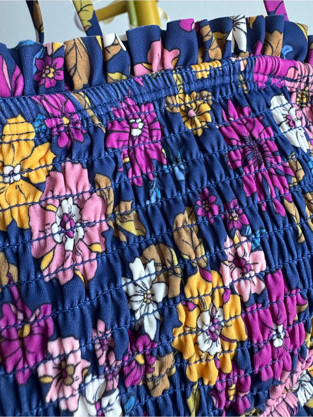 Cupshe Navy Floral Smocked Halter Crop Swim Top with Pink & Yellow Flowers - Picture 12 of 16